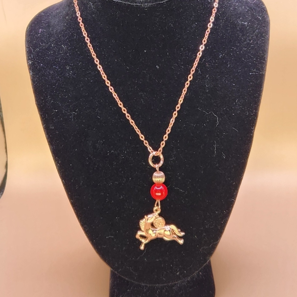 Rose Gold Necklace with Red Chalcedony and Rose Gold Fire Horse Pendant